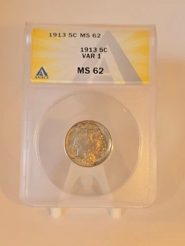 1913 Ver-1 Buffalo Nickel Raised Ground Graded Mint Strike 62 (MS 62) by ANACS