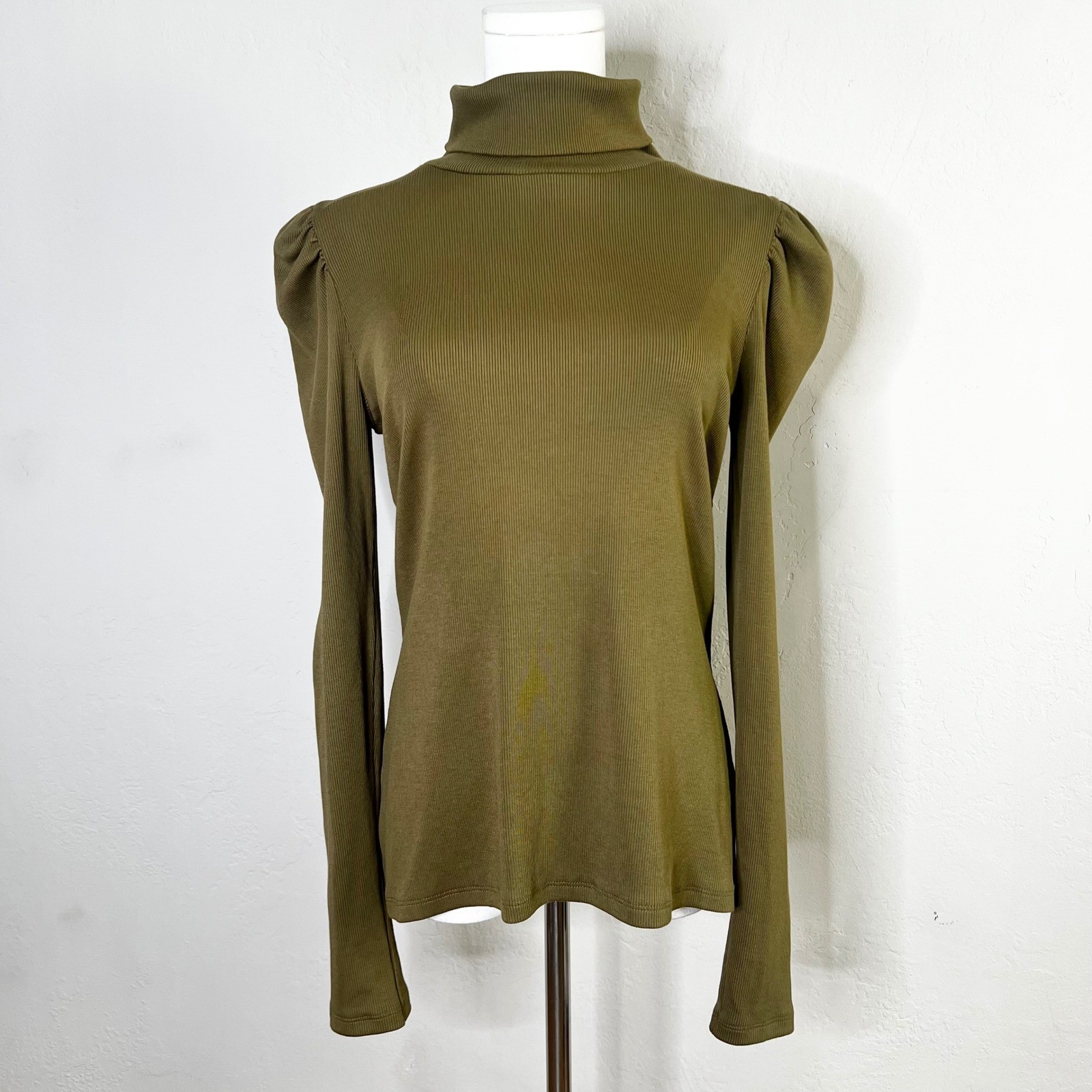 Veronica Beard Jeans Olive Green Ribbed Puff Sleeve Turtleneck Top Size Medium