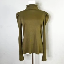 Veronica Beard Jeans Olive Green Ribbed Puff Sleeve Turtleneck Top Size Medium