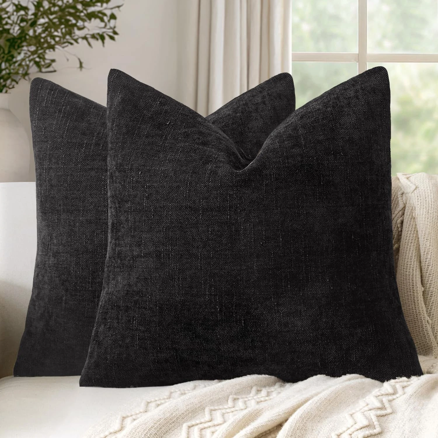 Set of 2 Textured Throw Pillow Covers Decorative Soft Accent Square Chenille ...