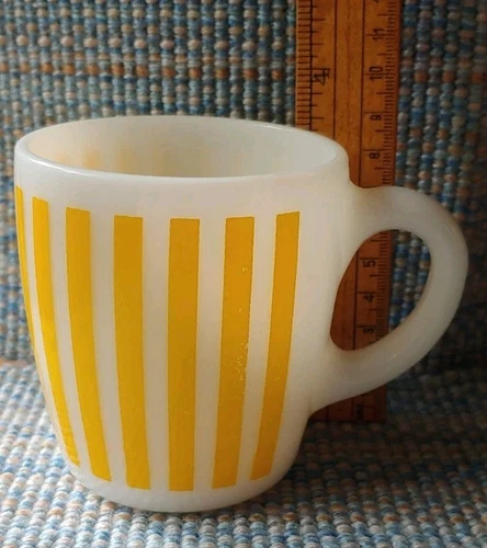 Vintage Hazel Atlas Milk Glass Coffee Mug Retro Sunny Yellow Candy Stripe CupC28