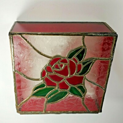 Handmade Stained Glass Soldered Lead Jewelry Box Purple Rose