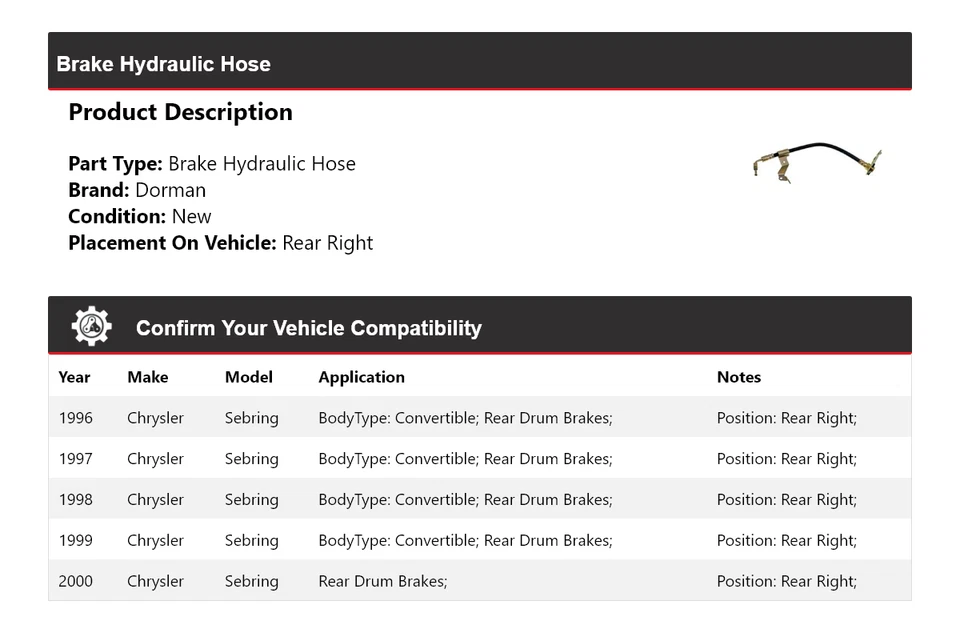 Manguera hidráulica de freno trasera derecha para Chrysler Sebring Dorman 1996-2000 1997 1998 Foto 2 de 4