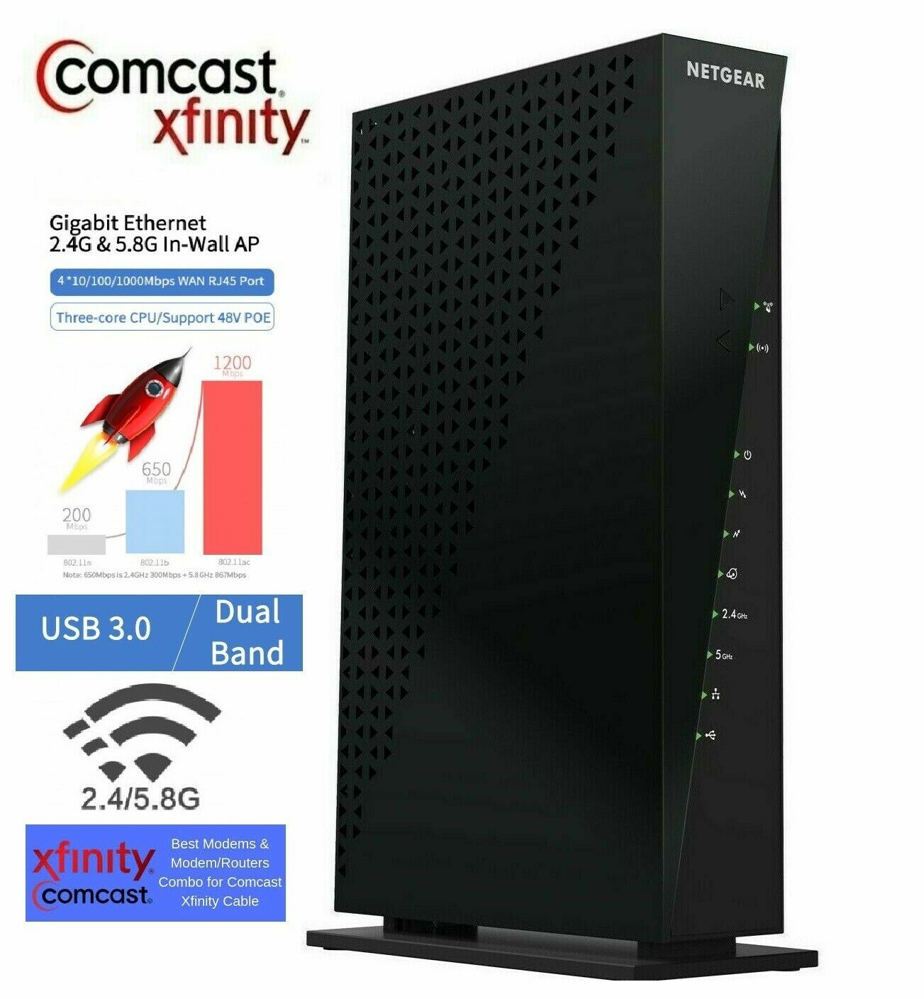Black Router Comcast Wireless AC Router Modem Comcast Xfinity, Spectrum Netgear C6300 AC1750 ...