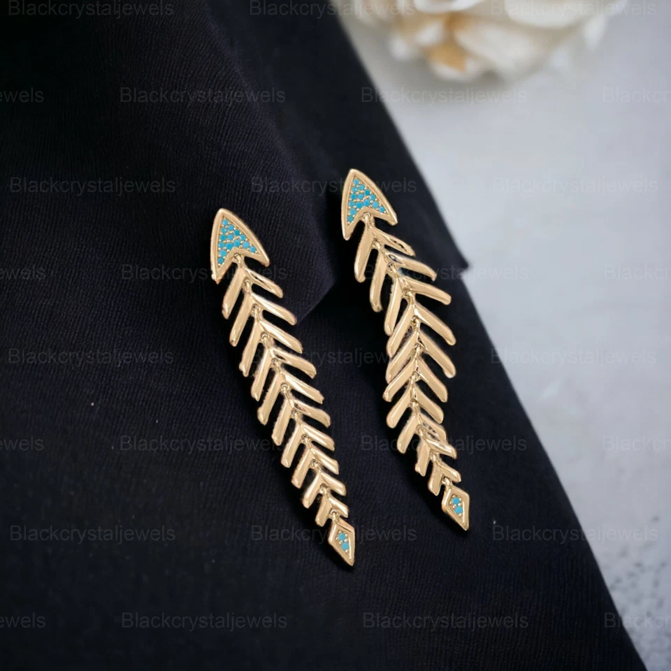 14k Gold Plated Synthetic Turquoise Fishbone Detachable Charm Hoop Earrings - Image 2 of 4