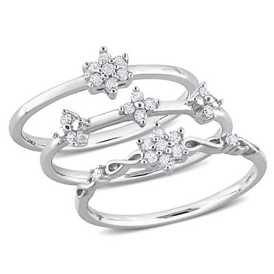 Amour Sterling Silver Diamond Floral Promise Piece Ring Set