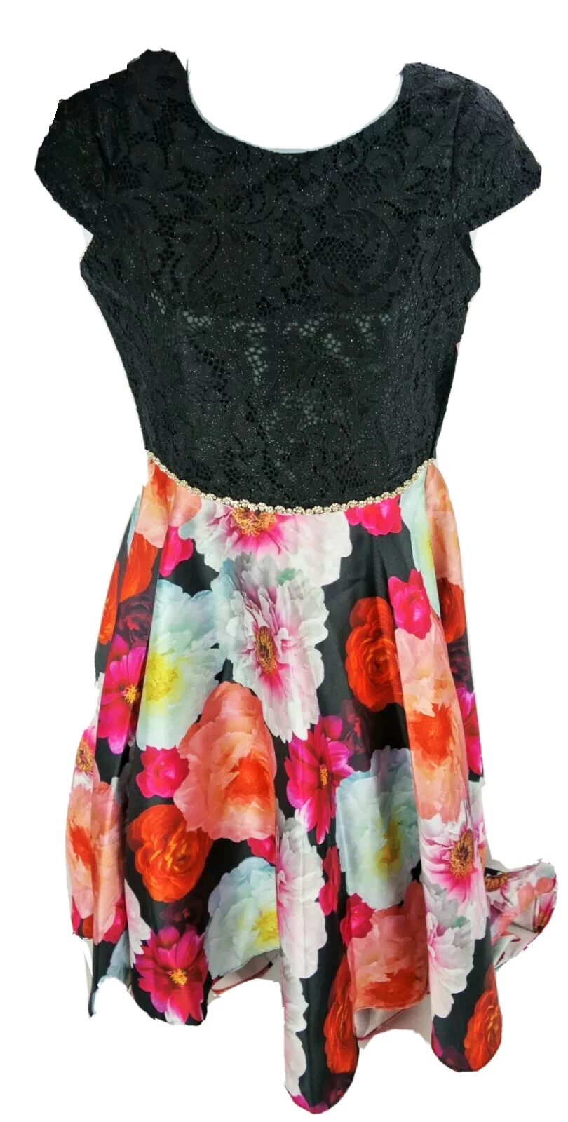 Girls 16 Rare Editions Floral Dress Up Black Lace Rhinestone Attached Front Belt