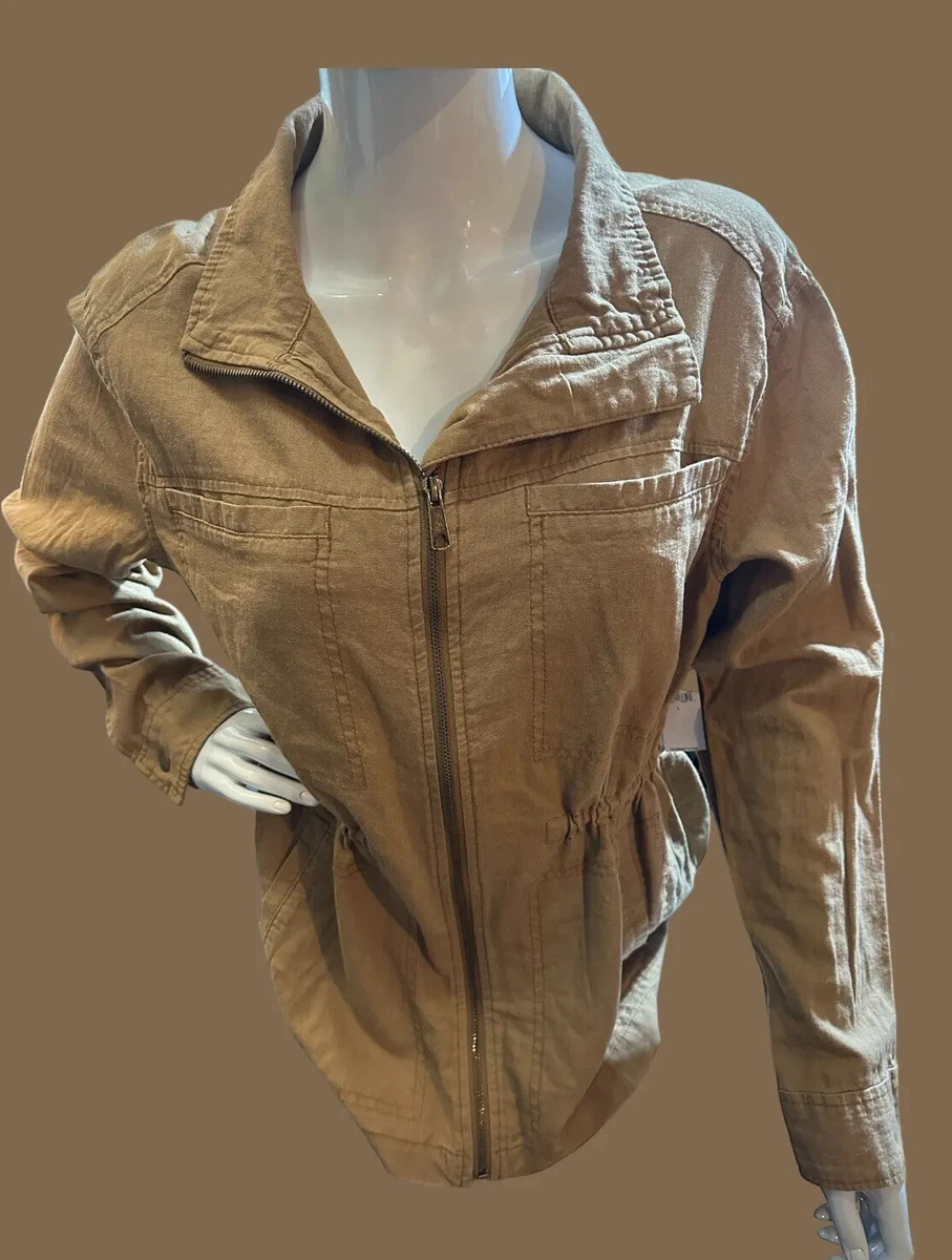 OLD NAVY Women s Tan Linen Anorak Jacket Coat Cinch Waist Large Utility Zip Up