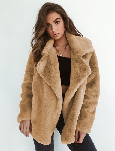 Damen Winter Kunstfell Mantel Kerb Revers vorne offen flauschig warm Jacke Oberbekleidung - Bild 33 von 33