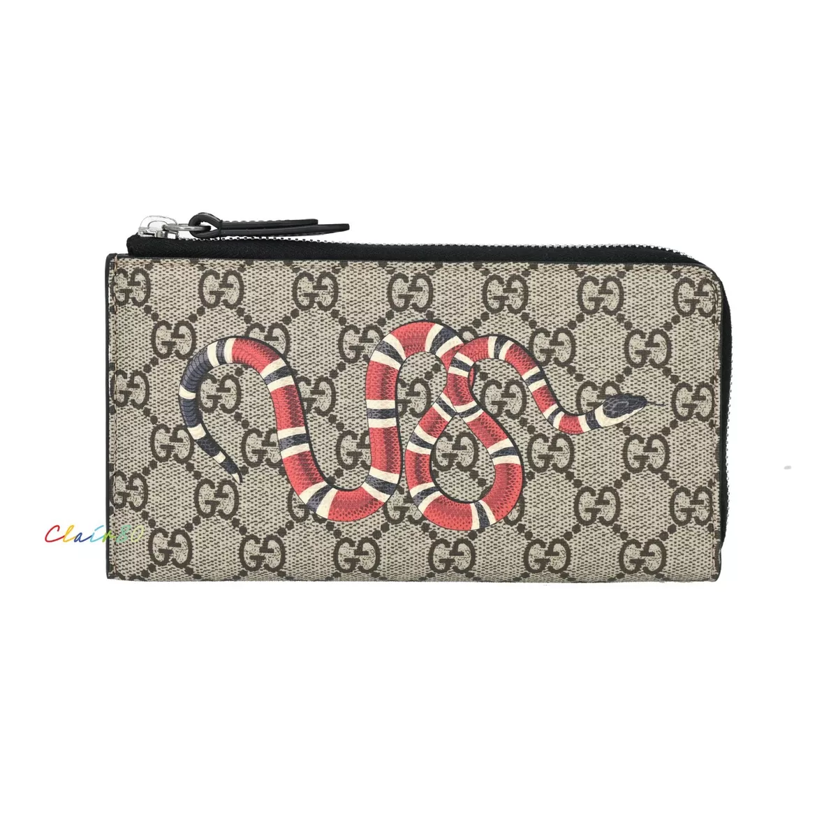 New Authentic Gucci GG Supreme Kingsnake Print Large Top Zip Wallet