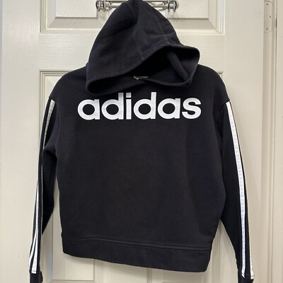 adidas Girls Black Pullover Cropped Hoodie Spell Out Sweatshirt Sz