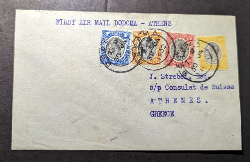 1932 British KUT Airmail First Flight Cover FFC Dodoma to Athens Greece