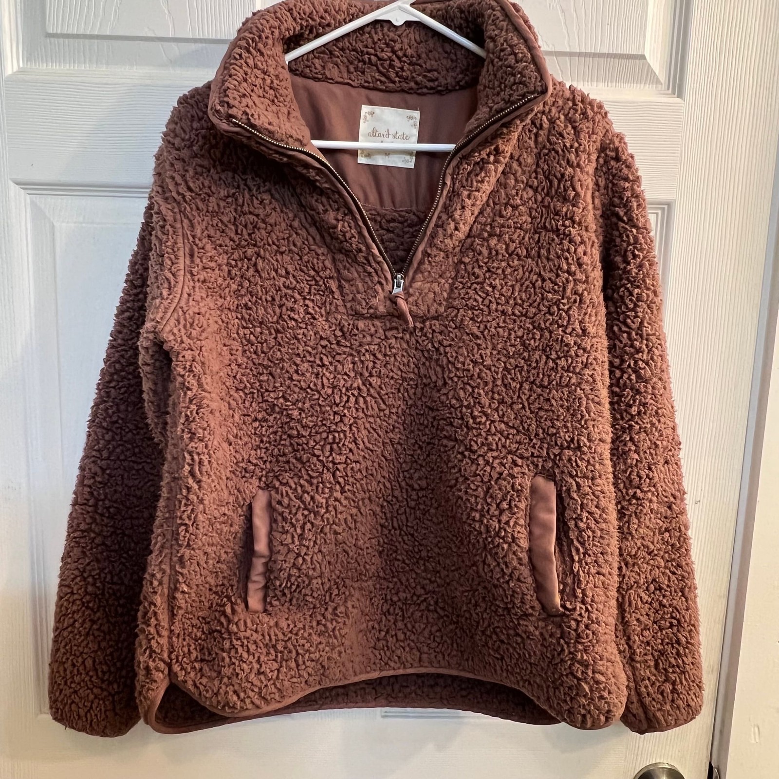 Altar'd State 1/4 Zip Sherpa Red Bean Medium  Fuzzy Coat Pullover NWOT