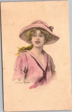 Postcard Artist Signed Archie Gunn Pretty lady in pink blouse and hat