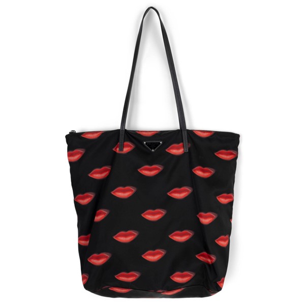 Prada Black Nylon Tote with Red Lip Print 1BY300