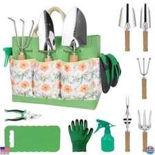 10-Piece Heavy Duty Garden Tool Set with Wooden Handles & Floral Organizer Bag
