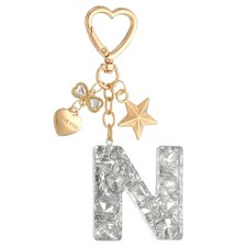 Cute Initial Letter Keychain, Letter N Keychains for Women Girls Bling Silver