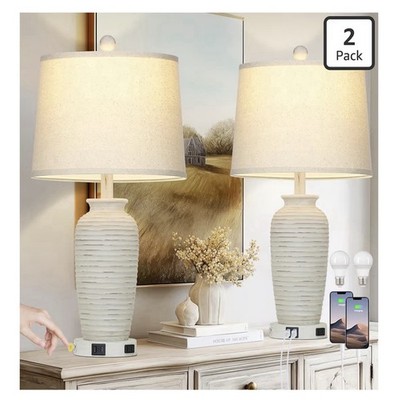 CINSARY 25'' Retro White Farmhouse Jar Table Lamps Set of 2, 3 Way Touch Control