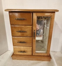 VTG Wooden Jewelry Box w/ 4 Dawers & Necklace Rack Flower Etched on Glass Door