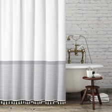 72x72 Inch White Modern Farmhouse Shower Curtain Gray Striped Tassels Fabric