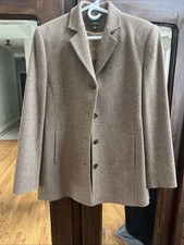 LL Bean Pea Slacks Coat Wool Blend Lined Tan Beige Tweed Women size 12r Pockets