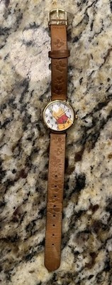 Timex Disney Winnie the Pooh Watch Wristwatch Gold Tone Brown Leather Strap