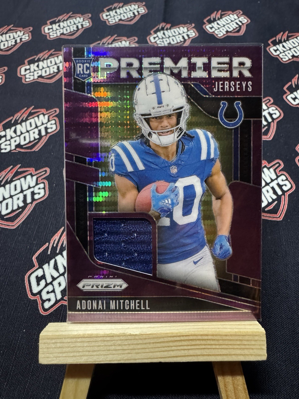 2024 Panini Premier Jerseys Adonai Mitchell #PJ-AML Purple Pulsar Prizm MEM, RC