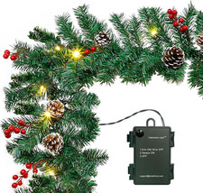 10FT Christmas Garland with 50 LED Lights - Pre-Lit Outdoor Xmas Garland - Batt