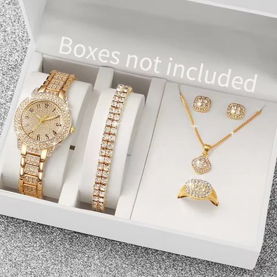 6PCS Fashion Diamond Women's Watch Gold Steel Band Bracelet Necklace Earrings 