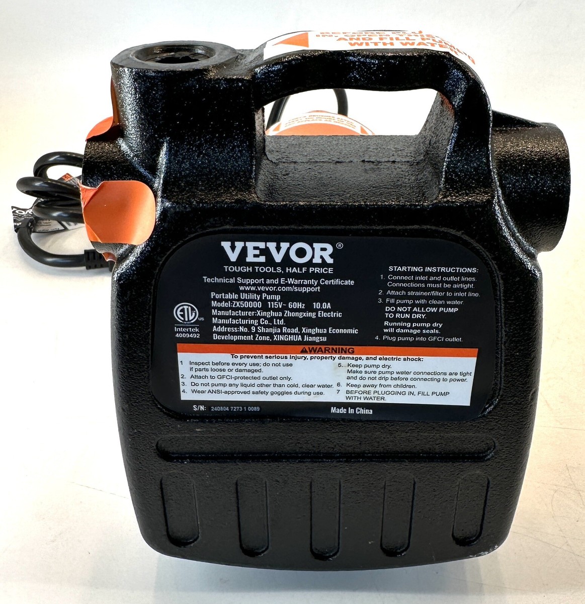 Vevor 1/2 HP Cast Iron Portable Utility Pump 1600 GPH 115V