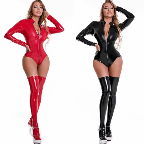 Damen glänzender Wetlook Leder Body hoch geschnitten Turnanzug Catsuit 2-Reißverschluss Overall - Bild 1 von 16
