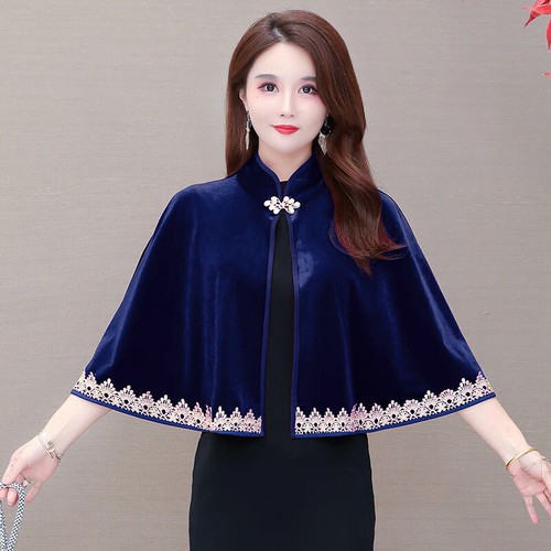 Damen Samt Capelet Spitze Borte Achselzucken Bolero formeller Mantel Abend Bankett Capelet - Bild 9 von 22