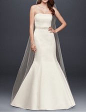 New David's Bridal SIZE 6 Sml Strapless Trumpet Wedding Dress Ribbon Waist IVORY