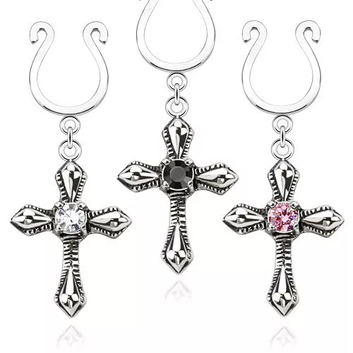 Pair of Cross Dangle with Small CZ Clip On Non Piercing Nipple