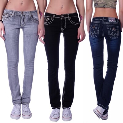 Damen Jeans Hose Hüftjeans Karotte Gerader Schnitt Straight Leg Low Waist B23