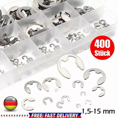 400TLG Edelstahl E Clips Sortiment Sicherungsring Seegering Sprengring 1,5-15 mm