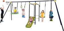 Heavy Duty 7-in-1 Swing Set for Kids,A-Frame, Slide, Monkey Bar, Basketball Hoop