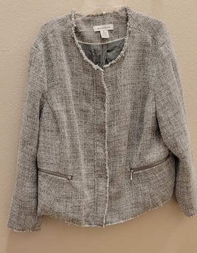 Liz Claiborne XL Dressy Gray & White Zippered Jacket. Pockets. Frayed Hemming