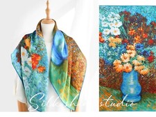 Elegant 100 Mulberry Silk Art Scarf Shawl-Van Gogh Daisies Oil Painting -35"