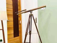 Vintage Antique Nautical Gift Decorative Wooden Standing Brass Telescope Tripod