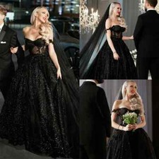Elegant Black Wedding Dresses Off Shoulder Sleeveless Lace Applique Bridal Gowns
