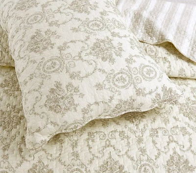 COZY COTTAGE FRENCH IVORY MEDALLION Queen QUILT SET: COZY COTTON TOILE STRIPE SHABBY FLORAL