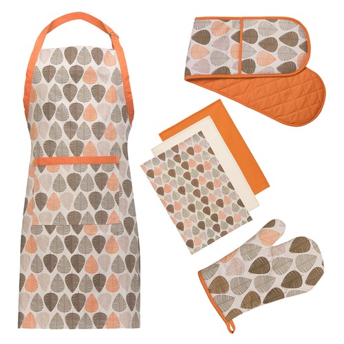 Premier Housewares 100 Cotton Orange Leaf Apron Oven Glove And Tea