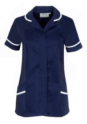 DAMEN KRANKENSCHWESTERN GESUNDHEITSWESEN TUNIKA - MARINEBLAU MIT WEISSEM BESATZ, GP NHS TIERARZT UK 8-24 INS31NV