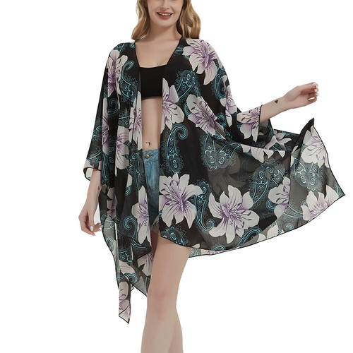 PLUS WOMANS CHIFFON LONG KIMONO WATERFALL CARDIGAN FLORAL TOP HIPPIE LOATY SHAWL - Picture 7 of 38