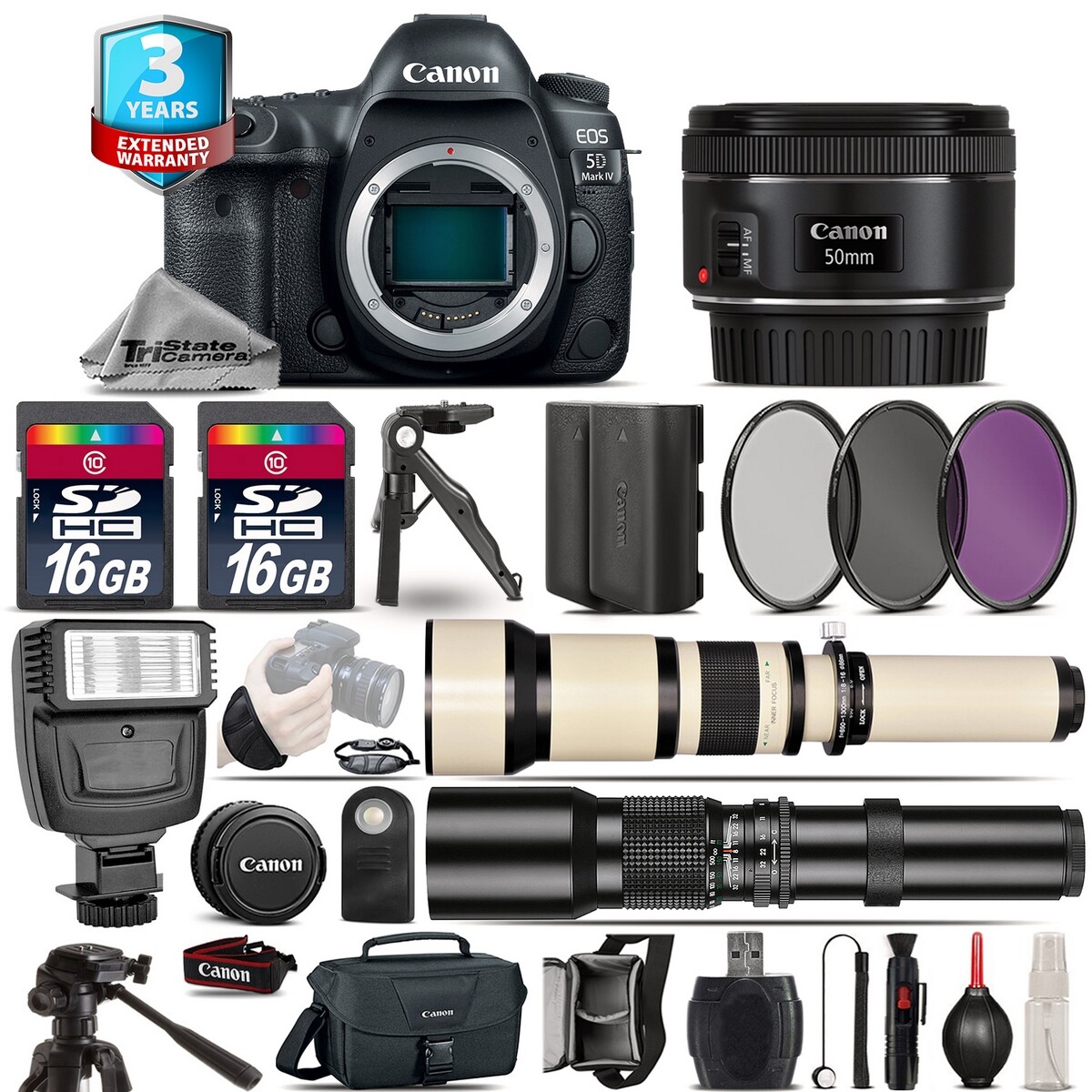 Canon EOS 5D Mark IV Camera + 50mm + 650-1300mm +500mm + EXT BATT