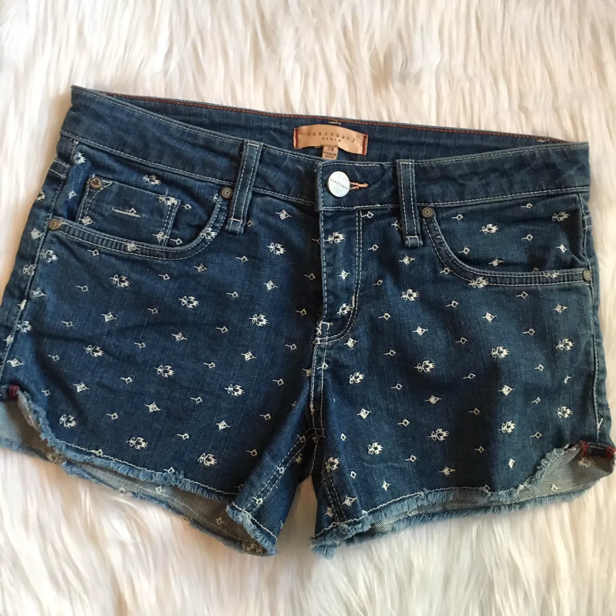 Sanctuary Denim 24 Waist Shorts Low Rise Raw Hem Embroidered Cut Off Jean Blue