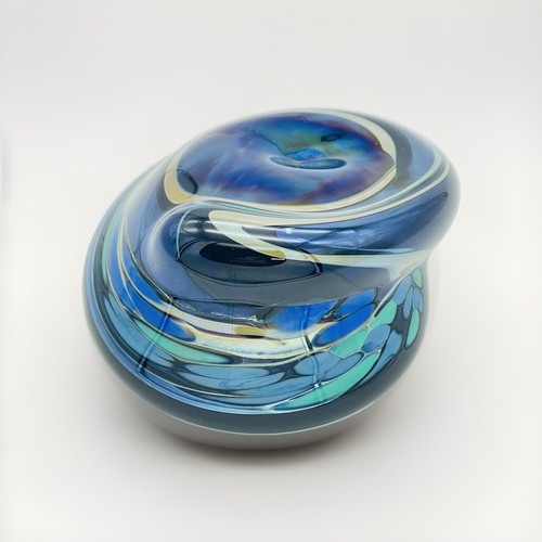 Joan Reep Signed Art Glass Paperweight Iridescent Swirls Blue Gold Abstract - Picture 9 of 9