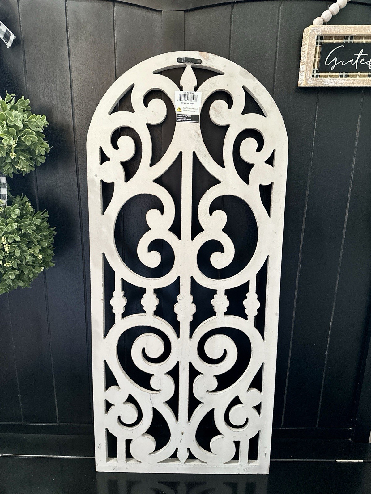 Handcarved Wood Arched/Scrolled Design Distressed Gray Wall Decor/Panel India