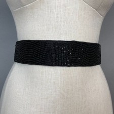 Deadstock Beaded Belt Vintage Women Black Structured Wide Hook and Loop Fancy
